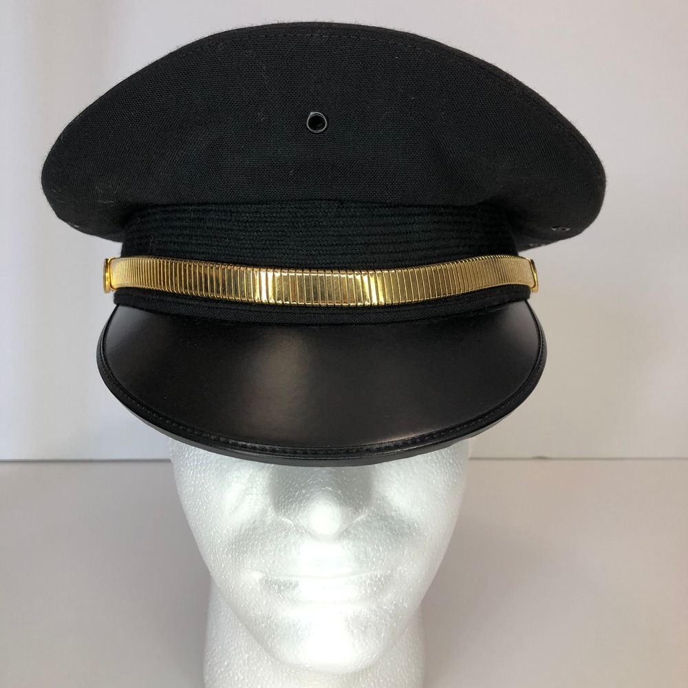 Bancroft Military Cap‎ Men's 7 Black Peaked Visor Gold Strap Uniform Hat Vintage
